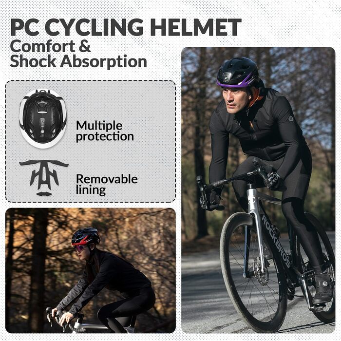 Велошолом ROCKBROS з LED-підсвіткою, MTB, для чоловіків і жінок, USB зарядка, акумулятор 1800 мАг, дихаючий, розмір 58-60 см, чорний-фіолетовий