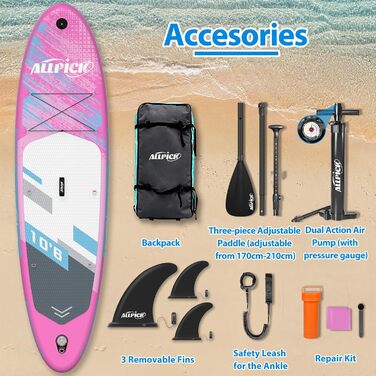 ALLPICK Надувна SUP-дошка 320 см преміум, комплект аксесуарів, універсальне кріплення для камери, для дітей і дорослих, для початківців і досвідчених, вантажопідйомність 150/180 кг, помаранчевий