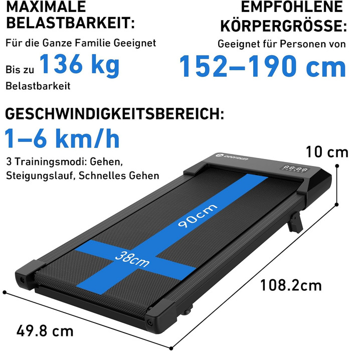 Бігова доріжка DeerRun Walking Pad під стіл з ухилом 6%, для дому та офісу, компактна, з додатком, пультом та LED-дисплеєм, до 136 кг, чорна
