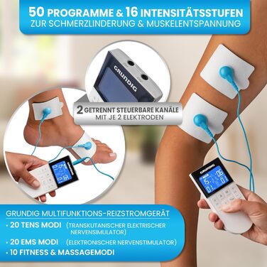 GRUNDIG Пристрій TENS для терапії болю, електростимулятор з 50 програмами та 16 рівнів інтенсивності - 3в1, EMS, акумуляторний, для розслаблення м'язів