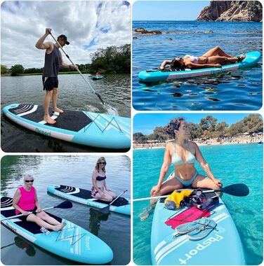 FBSPORT Стендап-борд (SUP) 11 футів Преміум, для йоги з аксесуарами та сумкою | Широка стійка, контроль на хвилях, неслизьке покриття, страховка, весло та насос для юніорів та дорослих (Eisblau)