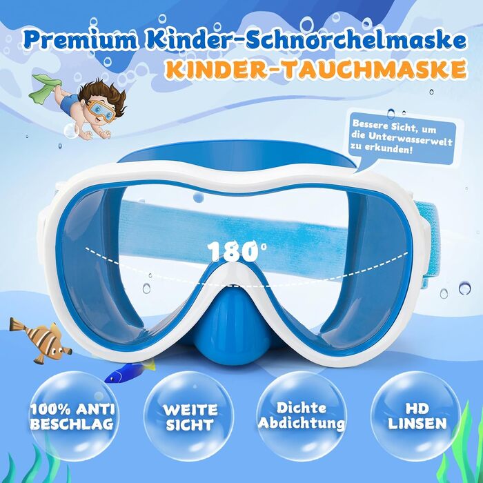 Дитяча маска для плавання WAVE Kinder з антифог покриттям, синьо-біла. З анти-протіканням, захистом від УФ-випромінювання та еластичним ремінцем.