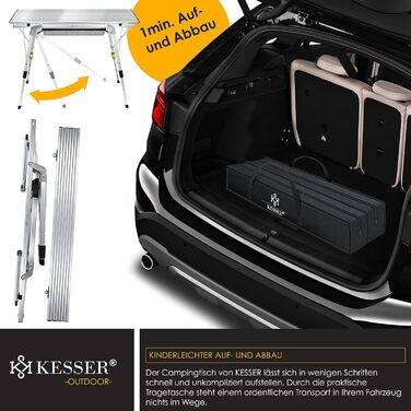 Кемпінговий стіл KESSER® складний, 90x53 см, з алюмінієвим каркасом, регулювання висоти, до 100 кг, з сумкою та сітчастою кишенею, срібний