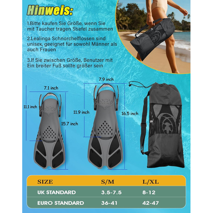 Ласти для плавання Schnorchelflossen, регульовані, дорослі/дитячі, унісекс, чорні (S/M) з сітчастим чохлом