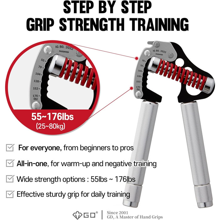 Регульований еспандер для рук GD Grip, зміцнювач кисті (55–176 фунтів, сталева пружина 80)