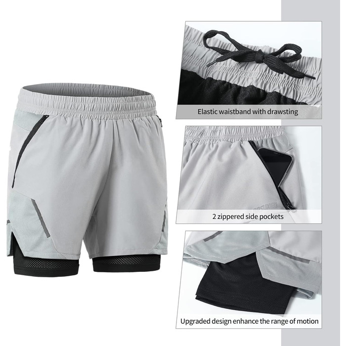 Чоловічі спортивні шорти ARSUXEO 2-в-1 з сіткою та кишенями на блискавці, сірі (L)