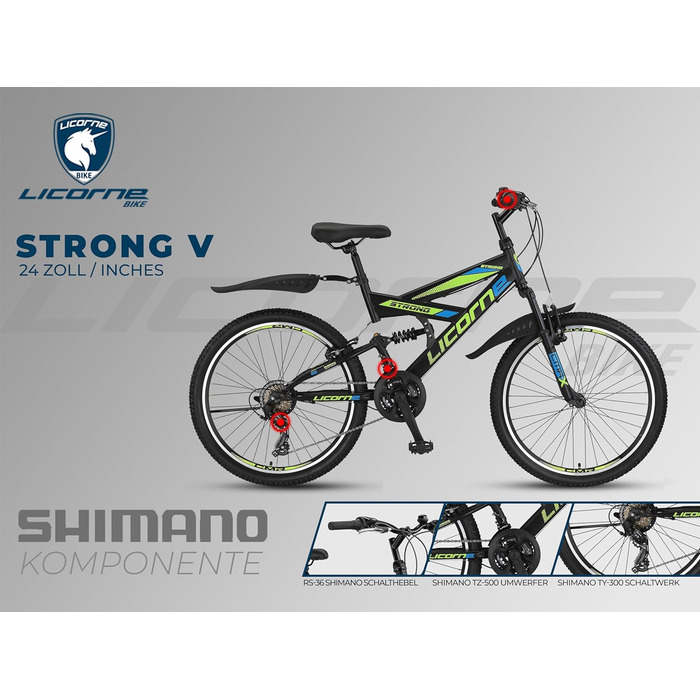 Гірський велосипед Licorne Bike PREMIUM Strong V 24 дюйми, 21 швидкість, повна амортизація, чорний/синій/лайм, для хлопців, дівчат, жінок і чоловіків