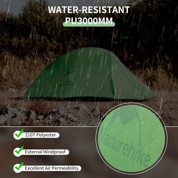 Намет Naturehike Cloud Up Pro 1-місний, легкий, водонепроникний, для кемпінгу та трекінгу (зелений, 210T)
