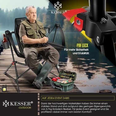 Крісло для кемпінгу KESSER® розкладне, гойдалка, до 160 кг | Рибальське крісло, з підсвічуванням та тримачем для напоїв | З м'яким сидінням та високою спинкою | Розслаблююче крісло для пляжу, хакі (чорний / чорний)