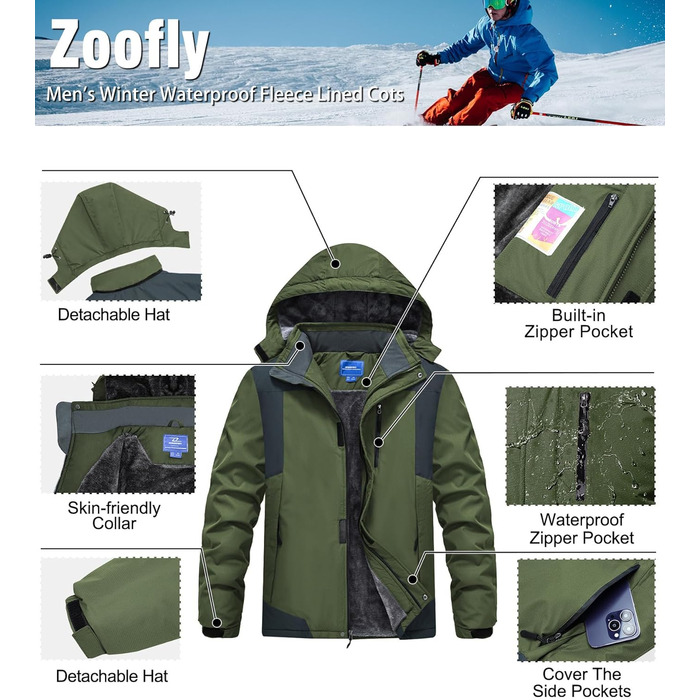 Зимова куртка для чоловіків: тепла, водонепроникна, для катання на сноуборді та активного відпочинку на природі. Зелена (армійний зелений), розмір M