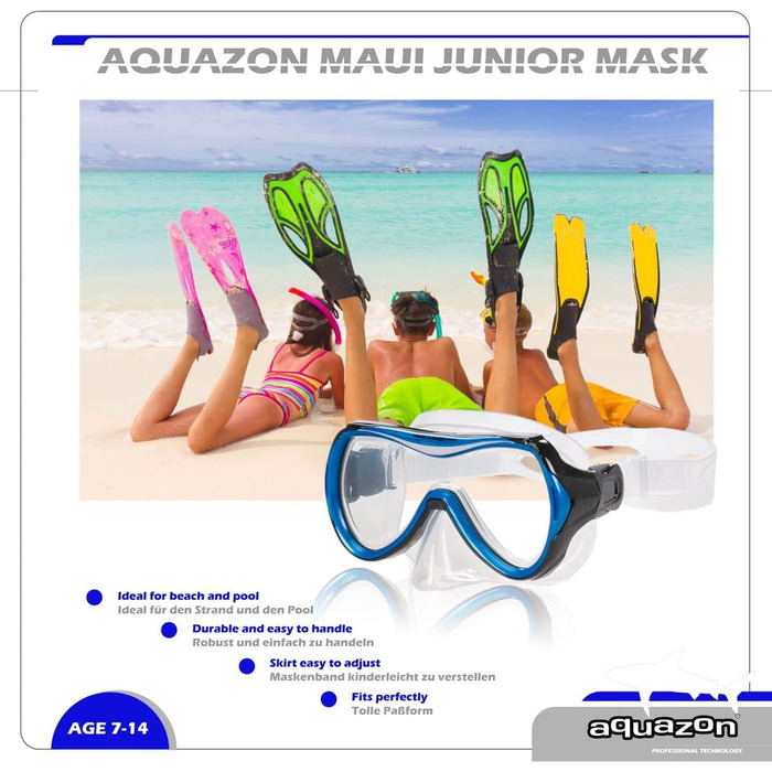 Дитяча маска для плавання AQUAZON Maui, 7-12 років, загартоване скло, м'який силікон
