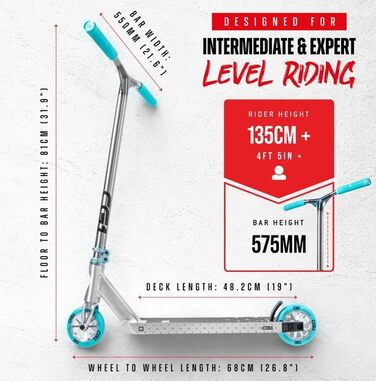 Трюковий самокат CORE Stunt-Scooter 110мм, ABEC 9, для дітей та дорослих (від 5 років), регульована висота 78-96см, сріблясто-бірюзовий + стікер Fantic26