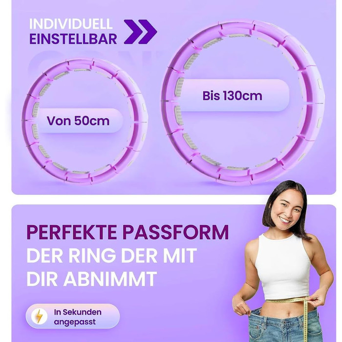 Leiser Smart Hula Hoop Gymside Hoopside Pro: для схуднення та фітнесу, з масажними шипами, 18 знімних секцій, фіолетовий