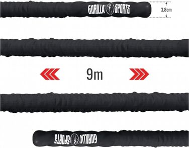 GORILLA SPORTS Батл-роуп для фітнесу, 9/12/15 м, Ø 38/50 мм, нейлон, з настінним кріпленням, чорний – тренувальне канатне для кросфіту, силових вправ, нарощування м’язів