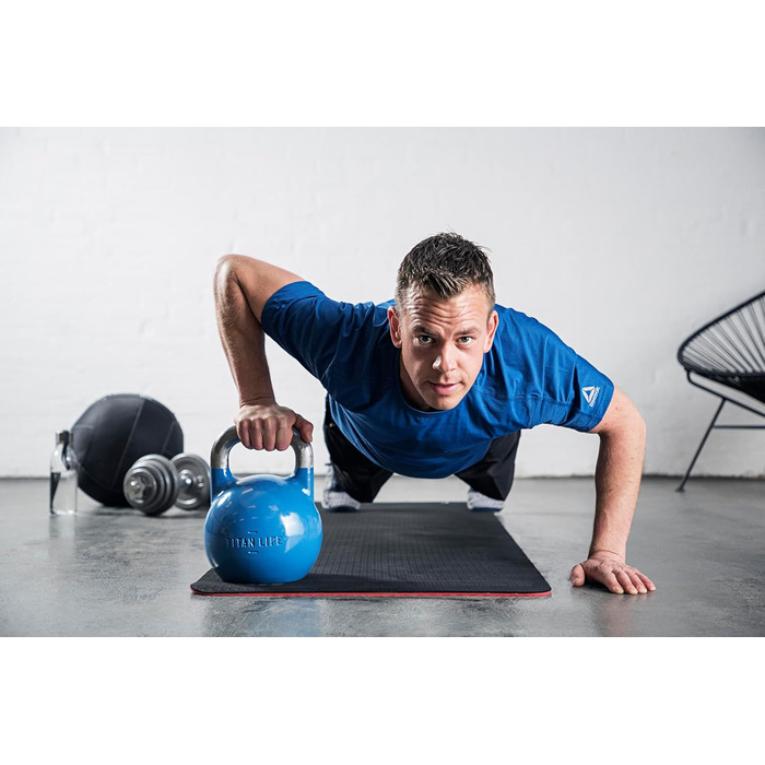 TITAN LIFE PRO Гиря для кросфіту 12 кг, сталева, професійна, з великою основою, для змагань, синя