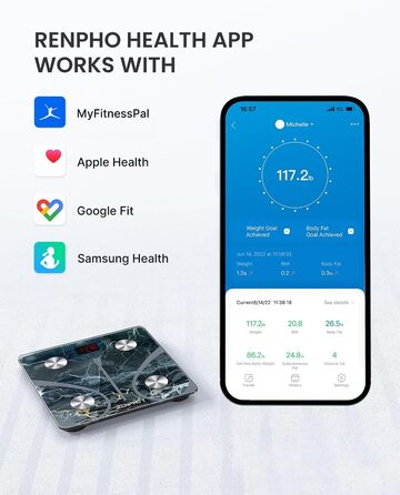 Цифрова ваги RENPHO для визначення жиру, BMI, м'язової маси, білка, BMR, з Bluetooth, додатком, мармурова поверхня, Elis 1, 280 мм