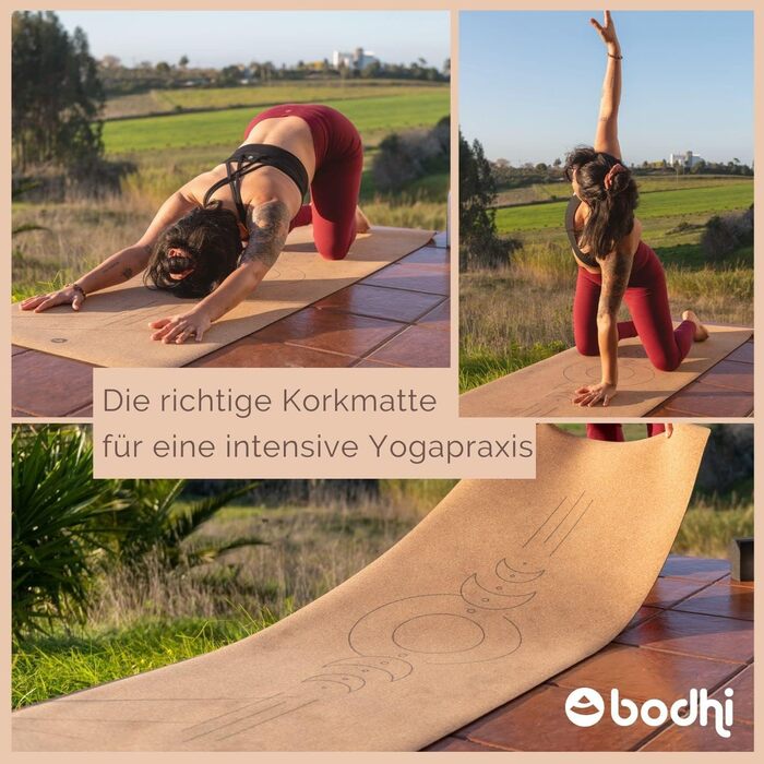 Йога-мат Bodhi з корку та натурального каучуку, 4 мм, екологічний, нековзкий, ідеально для хот-йоги, 185×66×0,4 см, різні мотиви