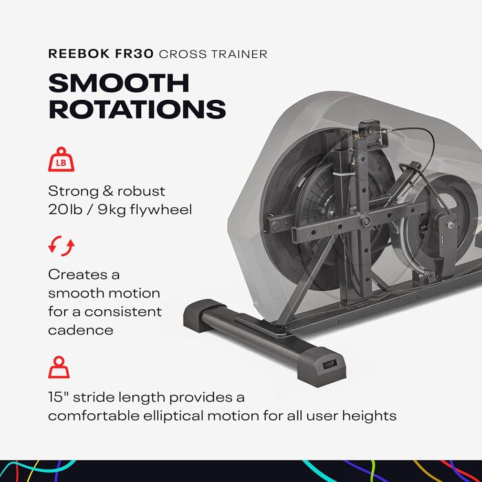 Еліптичний тренажер Reebok FR30 з Kinomap, маховик 9 кг, LED-дисплей, 32 рівні опору, 18 програм