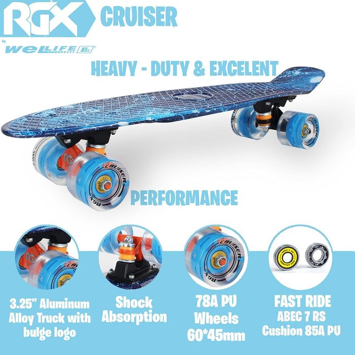 Скейтборд WeLLIFE Mini Cruiser 22 дюйми з LED колесами, PU 78A, ABEC-7, для дітей, підлітків і дорослих