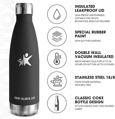 Термос KollyKolla: термос-пляшка з нержавіючої сталі 500мл/750мл/1л, без BPA, для дітей, спорту, школи, подорожей, кемпінгу (500 мл, новий, чорний)