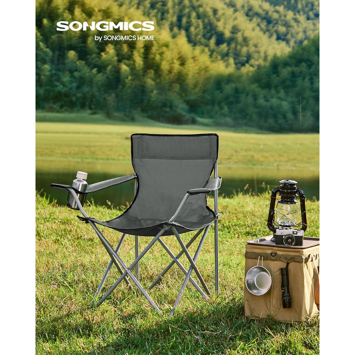 Крісла для кемпінгу SONGMICS, складані, для відпочинку на природі, зручні, з підлокітниками та тримачем для напоїв, стабільний каркас, вантажопідйомність 120 кг, 2 шт. (Шифер сірий)