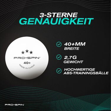 PRO SPIN тенісні м'ячі для настільного тенісу 3 зірки 40+ білі, ABS, для тренувань і змагань, комплект 60 шт.