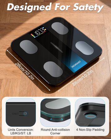 Ваги InSmart для тіла з Bluetooth: вимірювання ваги, жиру та складу тіла. Цифрові ваги з великим дисплеєм, синхронізація з додатком - Чорні