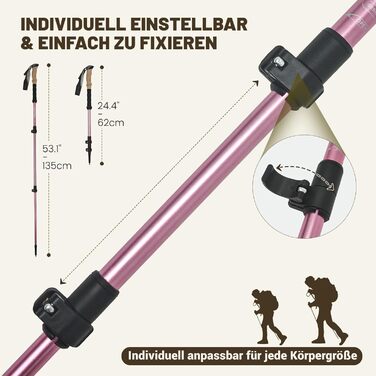Жінські та чоловічі палиці для скандинавської ходьби 2 шт. Телескопічні, складні палиці для трекінгу з алюмінію з гумовими амортизаторами (Рожеві)