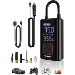 Електричний компресор TANYO 150PSI, акумуляторний насос 12В з цифровим манометром і LED, портативний для авто, мотоцикла, велосипеда, м’ячів