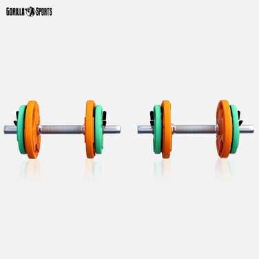 Набір гантелей GORILLA SPORTS® 20 кг (2 шт.) - ковані, гумові ручки, 30 мм, фіксуючі затискачі, ваги 4x1.25 кг / 4x2.5 кг