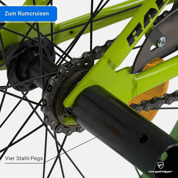 Дитячий велосипед BMX Bergsteiger Monaco 20 дюймів, фрістайл, 6-9 років, 4 сталеві пеги, захист ланцюга, вільний хід, зелений