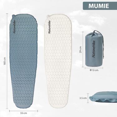 Кемпінговий килимок Naturehike надувний, самонадувний, 3 см, сірий (Mumie-Grey) - для кемпінгу, подорожей, туризму