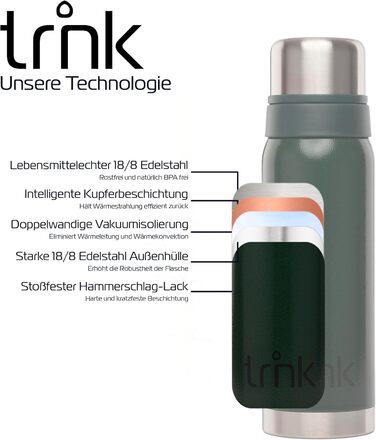 Термос trnk Outdoor polar 2, 750 мл, нержавіюча сталь, BPA-free, з 2 чашками, тримає тепло 24 години, підходить для посудомийної машини, зелений