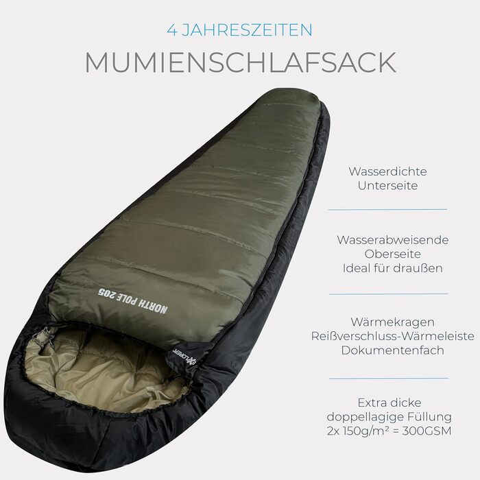 Сплячий мішок Explorer® Northpole 205 RECHTS -3°C до -21°C, 3-4 сезони, для дорослих, водонепроникний, YKK Zip, для кемпінгу та подорожей