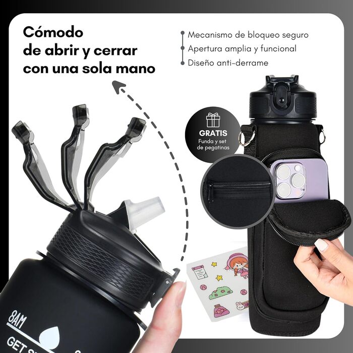 Спортивна пляшка Marludex 1 л з чохлом і трубочкою, BPA Free, мотиваційна пляшка для води