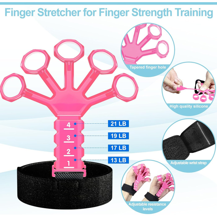 Набір для тренування сили рук Griffkrafttrainer (5шт) з тренажерами для пальців, м'ячем для зняття стресу та сумкою для перенесення, рожевий
