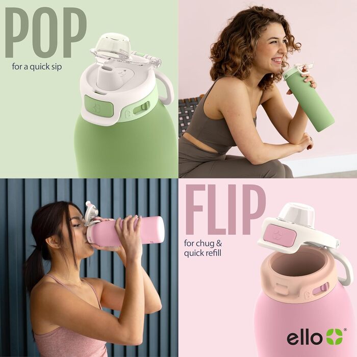 Термобутилка Ello Pop & Fill з нержавіючої сталі, швидке наповнення, подвійна вакуумна ізоляція, герметична кришка, багаторазова пляшка для води