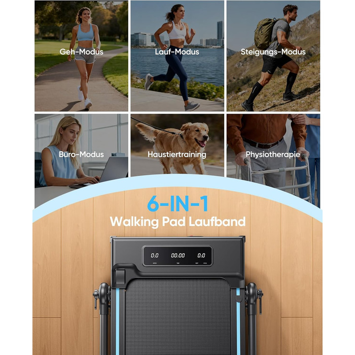 Складне бігове полотно 6-в-1 для дому, складане з регульованим столом, потужність 3.0HP, нахил до 12%, швидкість 12 км/год, Walking Pad з телескопічним підйомником 15 см та RGB-підсвіткою, максимальне навантаження 150 кг, чорно-блакитний колір