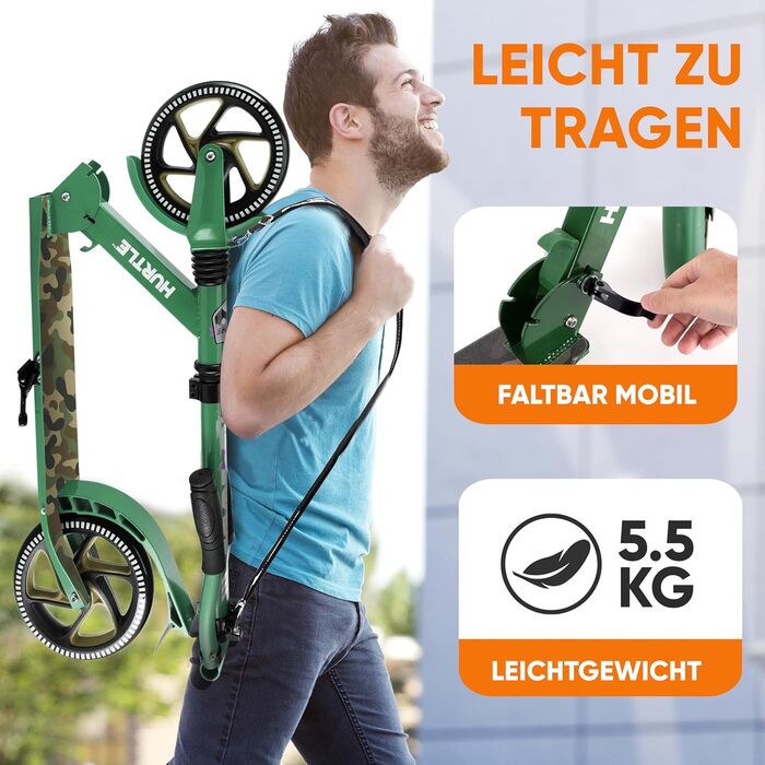 Міський ролер Hurtle Roller Kinder 10 років – складний, регульований по висоті 84–98 см, самокат для дітей та дорослих зі стійкою, з ремінком, до 100 кг, камуфляж