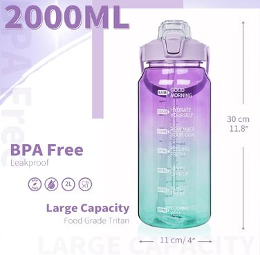 DEARRAY 2л пляшка для води Tritan з трубочкою, тайм-маркуванням, мотиваційна, BPA-free, спортивна, для фітнесу, тренажерного залу, походів, прозора, лілова/зелена