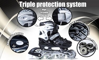 Регульовані роликові ковзани з підсвічуванням коліс для дітей та дорослих – роликові ковзани Inline, чорно-білі