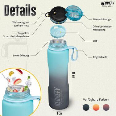 Пляшка для води NEUREFY 1 л з тритану, не протікає, блакитна, BPA-free, з фільтром та індикатором об’єму для спорту, фітнесу, офісу, школи, університету, outdoor