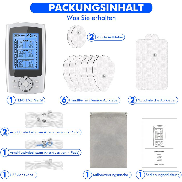 EMS масажер TENS: електрична стимуляція м'язів з 36 програмами, 10 електродів для ніг, спини, плечей