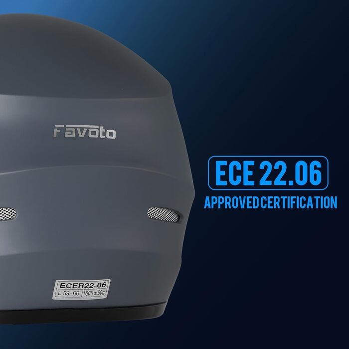 Мотошолом інтеграл Favoto для дорослих, повний візор, дихаючий, ECE сертифікат, сірий, XL (61 см), для чоловіків та жінок, для мопеда