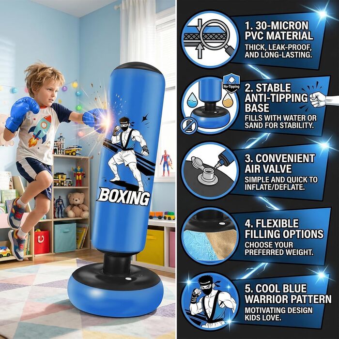 Боксерський мішок надувний для дітей 168 см з рукавичками та насосом, блакитний, з мотивом бійця, для дому, 5-12 років, для Karate та Taekwondo