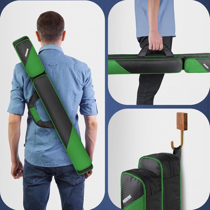 Чохол для більярдних київ 2x2 на 2 киї з кишенями на блискавці для аксесуарів, міцний, поліестер, з плечовим ременем та ручкою, м'який, для жінок та чоловіків, зелений/чорний