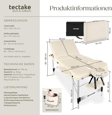 Масажний стіл Tectake 3 зони, складаний, регульована висота, з аксесуарами (головна підтримка, підлокітники, сумка) - Бежевий