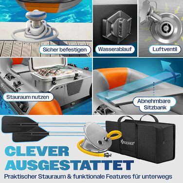 Надувний човен KESSER Wave 230-320 см (6 предметів): човен, лава, насос, весла, ремкомплект, сумка. Можливість встановлення мотора, для солоної води (Сірий/Помаранчевий, 2.30м)