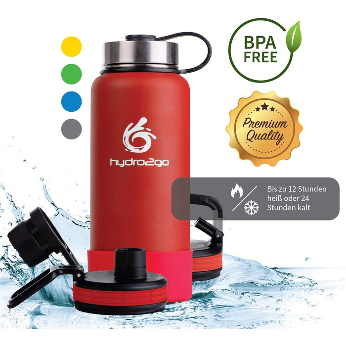 Гідрофляга hydro2go X-AlpsBottle 1 л, вакуумна термос пляшка з нержавіючої сталі, 3 кришки, герметична, для спорту та подорожей, Lava Red
