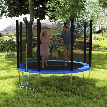 Трамплін Sekey Outdoor 244/305/366 см - сертифікований TÜV Rheinland GS, дитячий, для саду з безпечною драбиною, посиленим захисним сіткою та захисним бордюром (Блакитний, 366 см/12 футів)